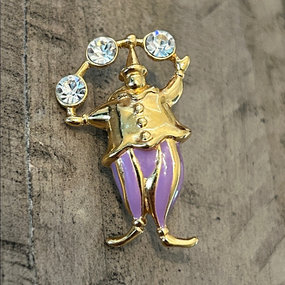Vintage Trifari Clown Brooch Gold Enamel with Rhinestones Signed Piece 1997